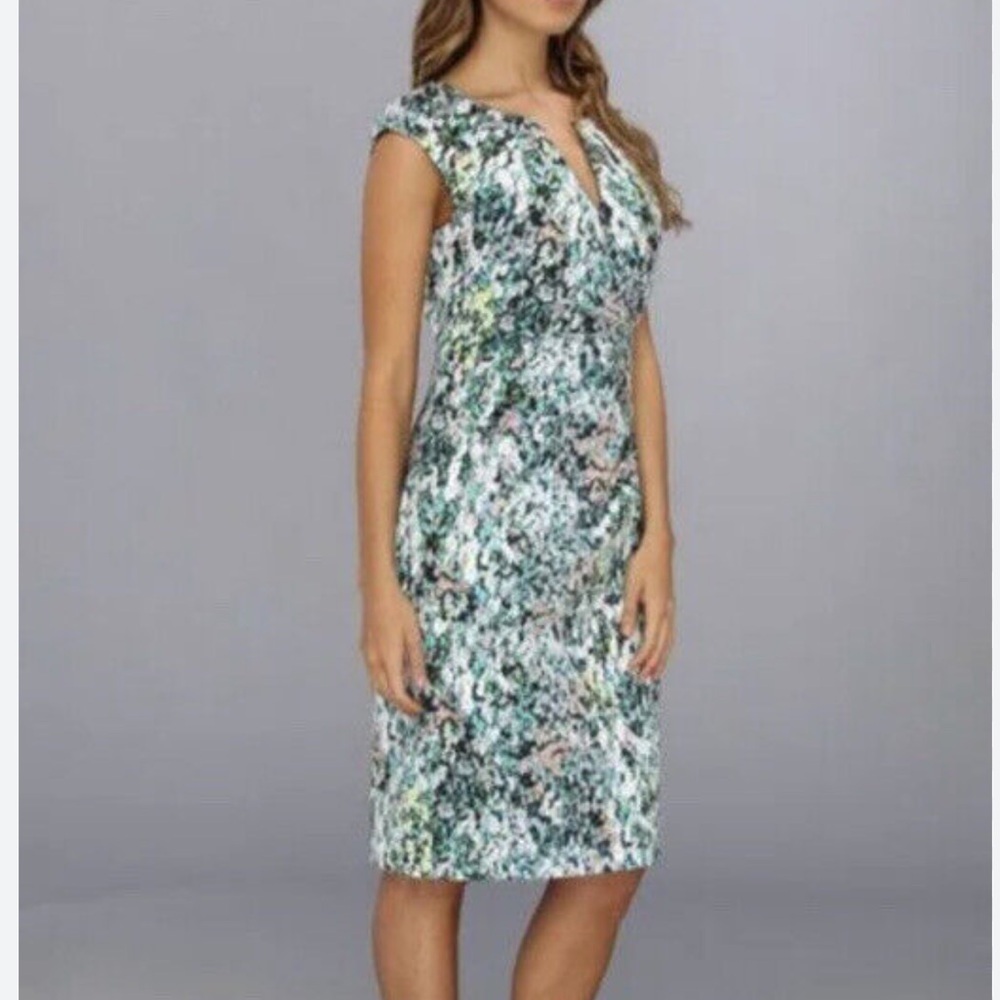 Adrianna Papell Blue Green Floral Ruched Side Dress Size 8